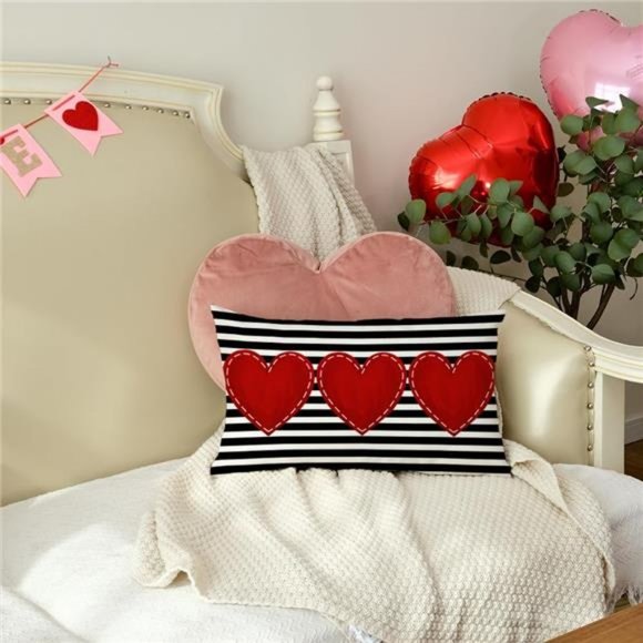 Valentines Day Throw Pillow Cover Decorative Accent Case Striped Heart Decor - Picture 4 of 7